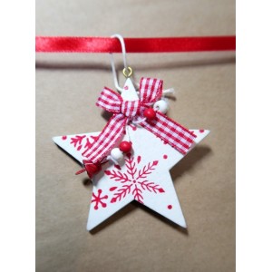 Новогоднее украшение подарочной упаковки (коробки) - бело-красная звезда на красной ленте